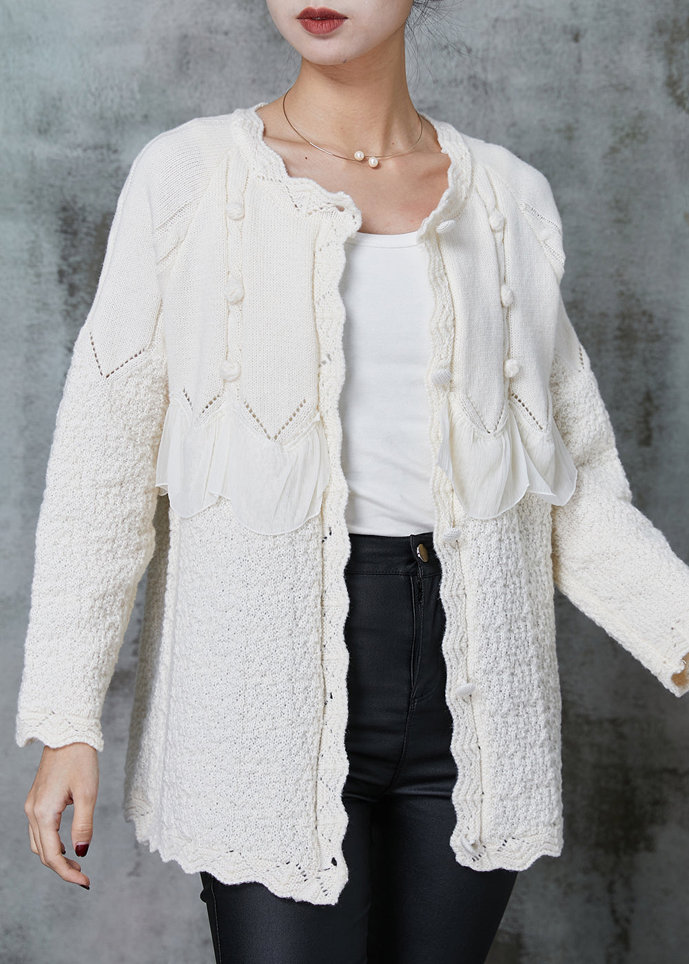 White Ruffles Patchwork Knit Coat Outwear Spring