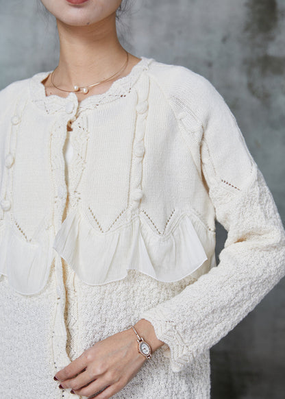 White Ruffles Patchwork Knit Coat Outwear Spring