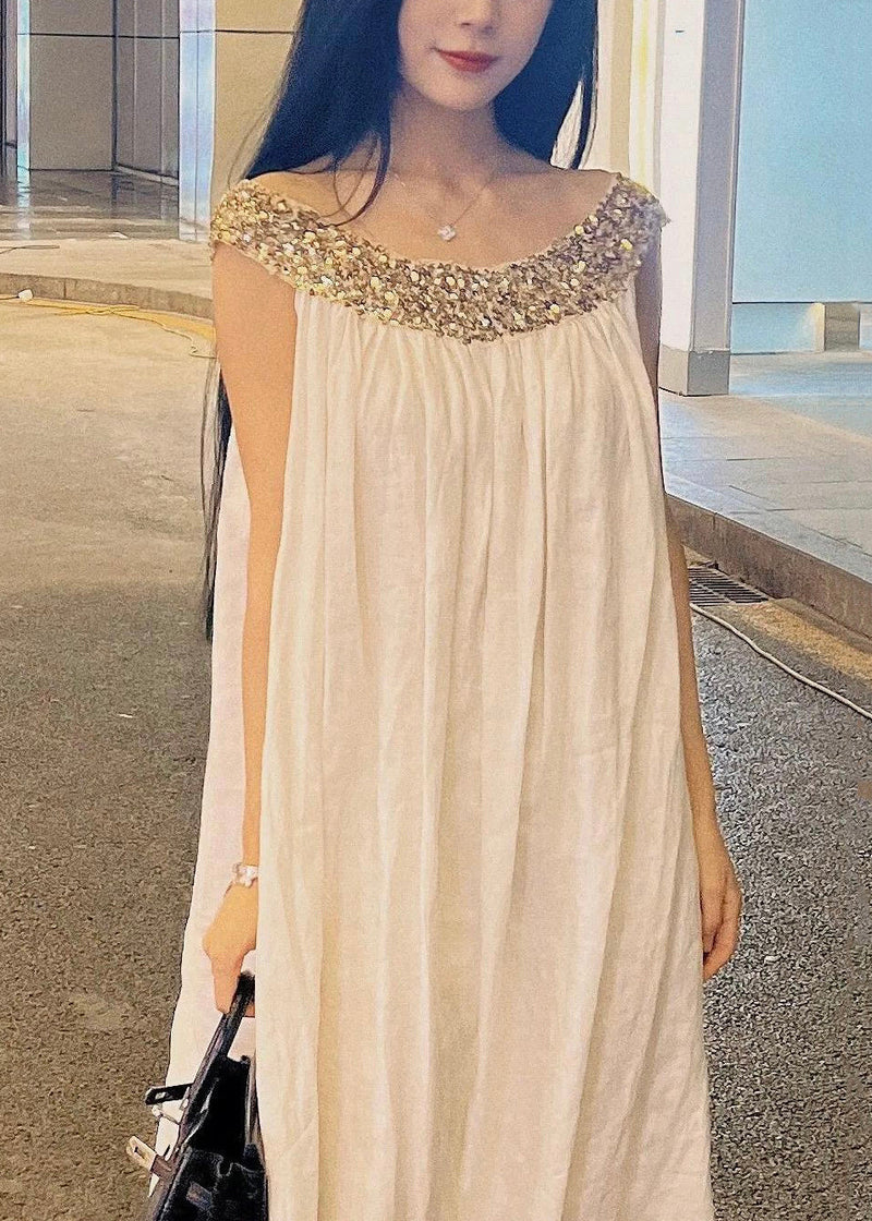 White Sequins Patchwork Cotton Long Dress Sleeveless