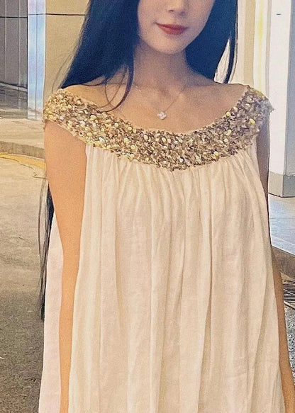 White Sequins Patchwork Cotton Long Dress Sleeveless