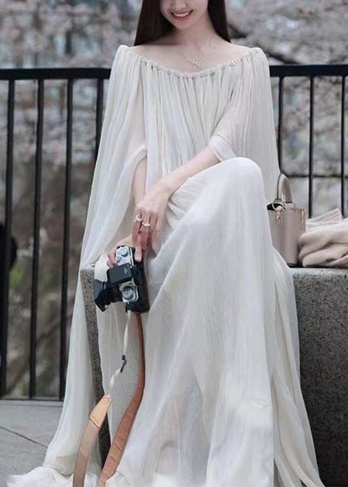 White Slash Neck Wrinkled Cotton Maxi Dress Sleeveless