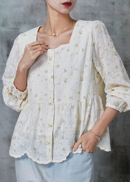 White Square Collar Embroidered Cotton Tops Spring