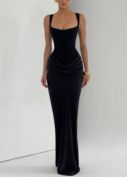 White Square Collar Flattering Maxi Spaghetti Strap Dress Sleeveless