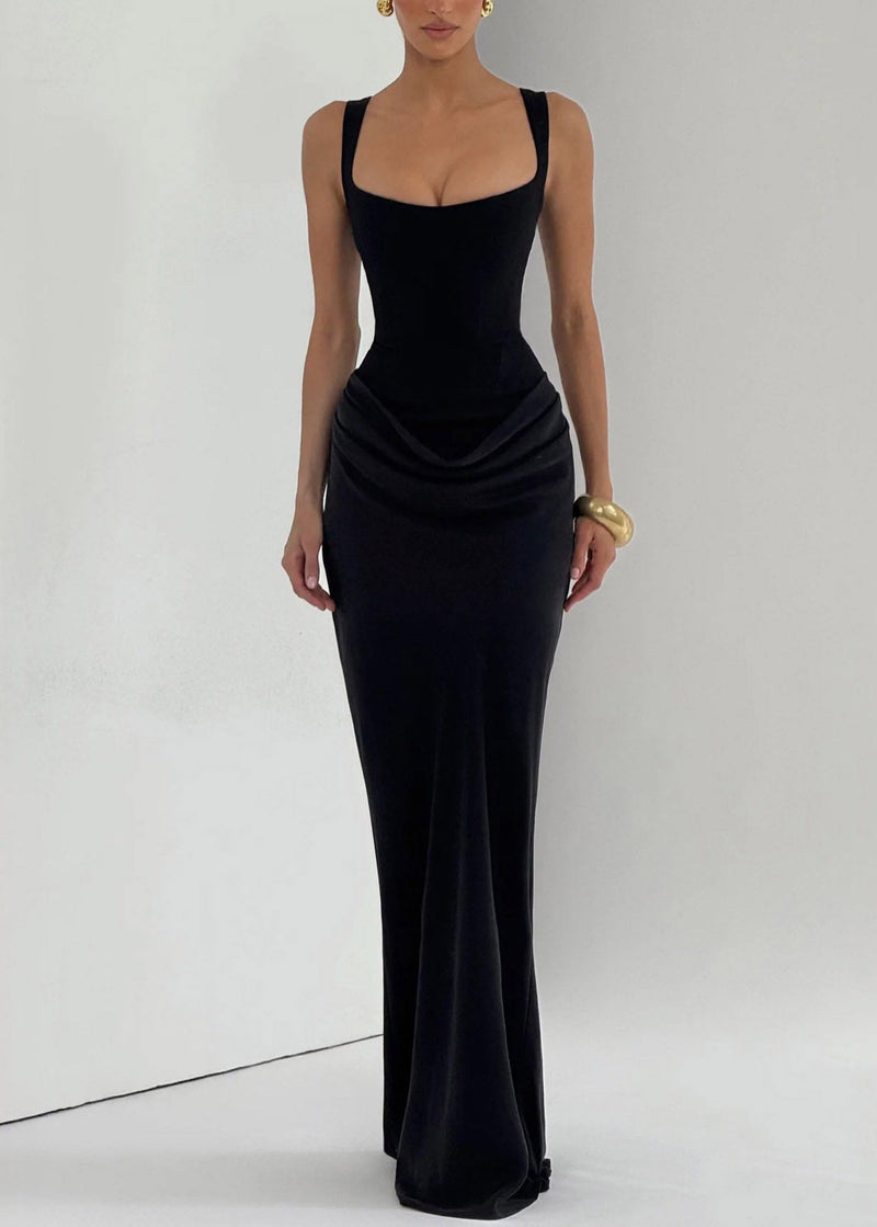 White Square Collar Flattering Maxi Spaghetti Strap Dress Sleeveless
