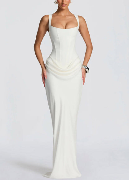 White Square Collar Flattering Maxi Spaghetti Strap Dress Sleeveless