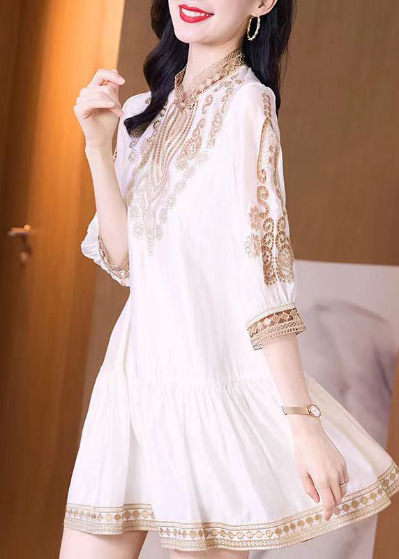 White Stand Collar Lace Patchwork Silk Maxi Dress Spring