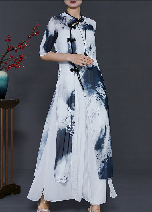 White Tie Dye Silm Fit Silk Oriental Two Piece Set Summer