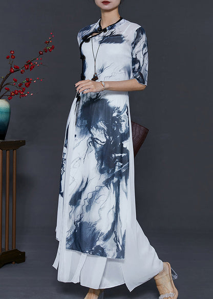 White Tie Dye Silm Fit Silk Oriental Two Piece Set Summer