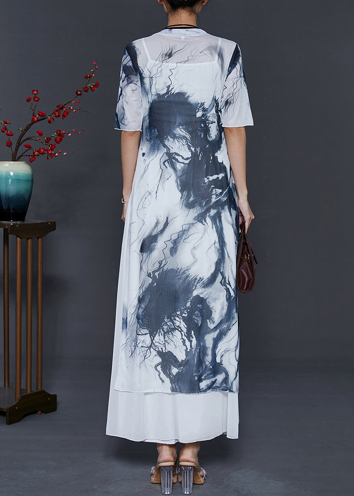 White Tie Dye Silm Fit Silk Oriental Two Piece Set Summer