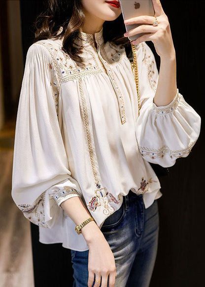 White Embroideried Chiffon Blouse Tops Long Sleeve