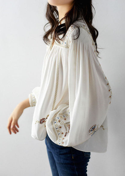 White Embroideried Chiffon Blouse Tops Long Sleeve