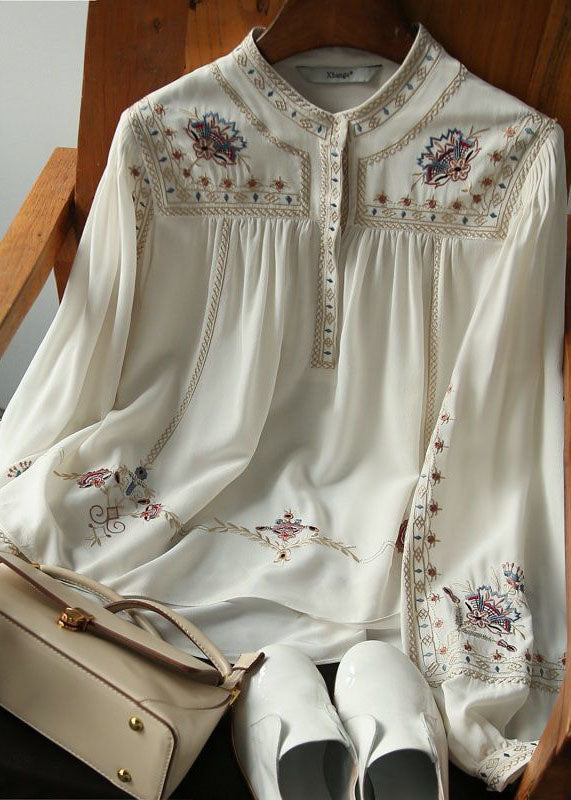 White Embroideried Chiffon Blouse Tops Long Sleeve