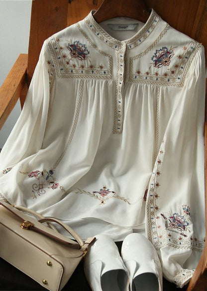 White Embroideried Chiffon Blouse Tops Long Sleeve