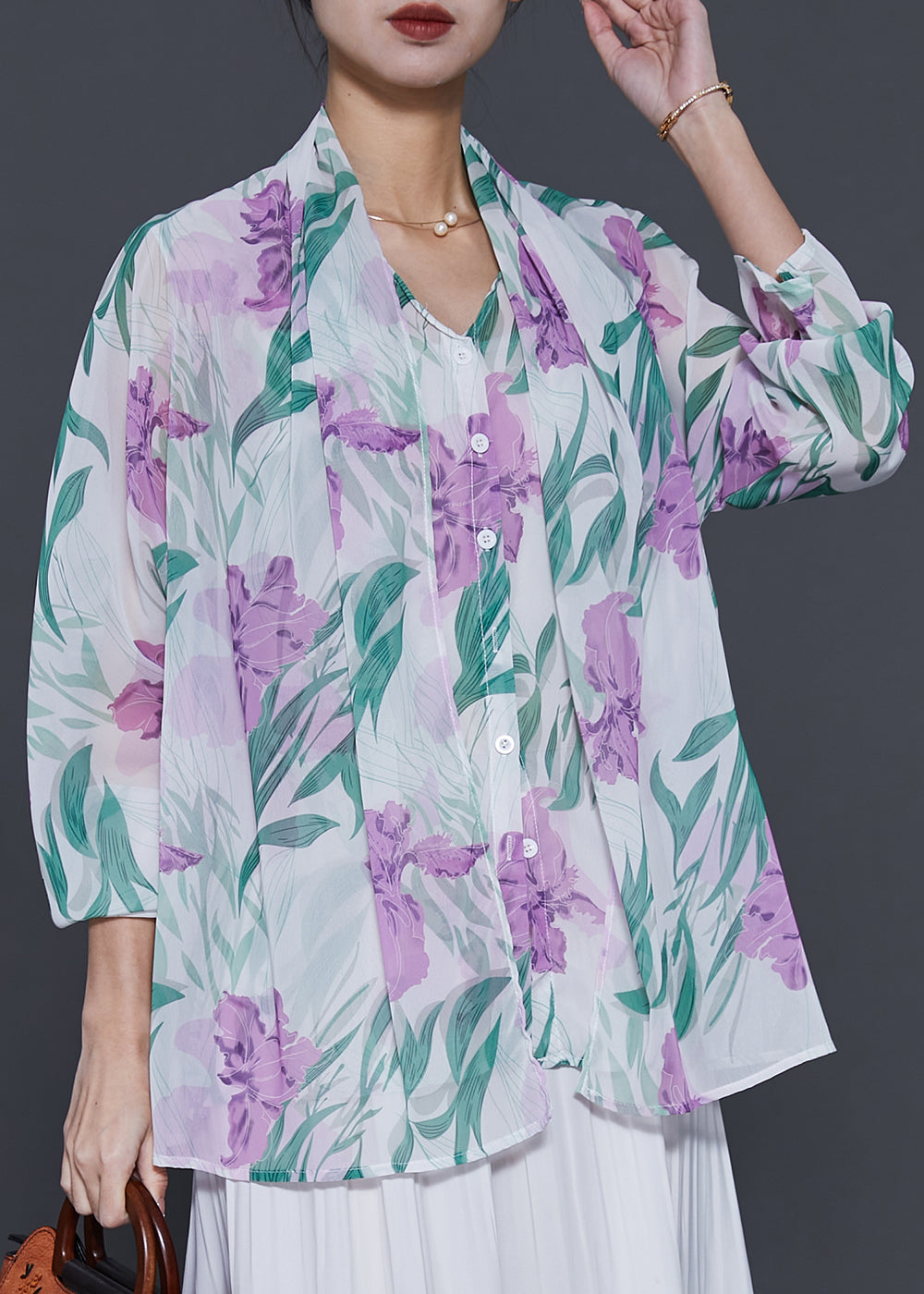 White Tulip Print Chiffon Fake Two Piece Shirt Spring