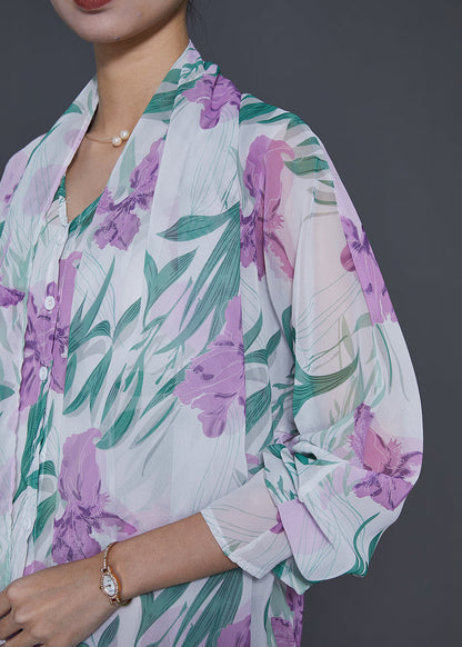 White Tulip Print Chiffon Fake Two Piece Shirt Spring