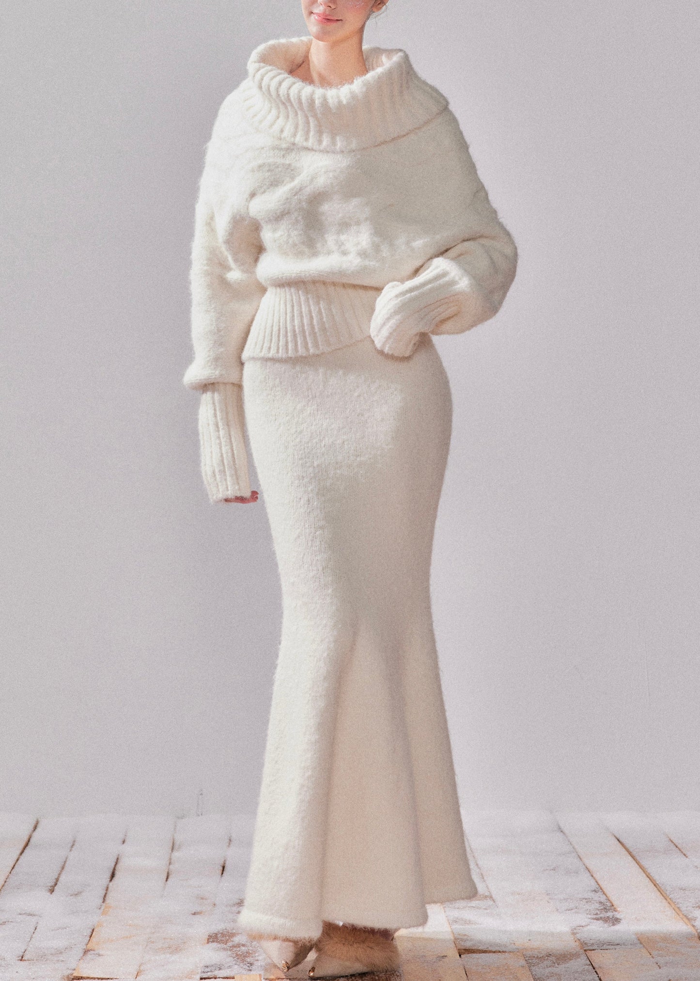 White Turtleneck Patchwork Cotton Knit Sweater and Maxi Dress Two-piece Set Spring