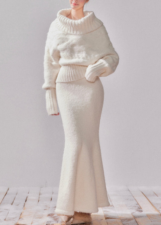 White Turtleneck Patchwork Cotton Knit Sweater and Maxi Dress Two-piece Set Spring
