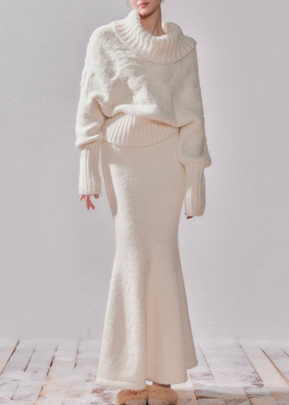 White Turtleneck Patchwork Cotton Knit Sweater and Maxi Dress Two-piece Set Spring