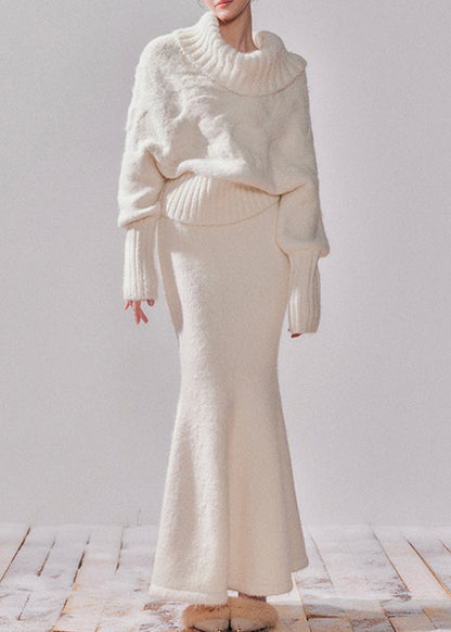 White Turtleneck Patchwork Cotton Knit Sweater and Maxi Dress Two-piece Set Spring