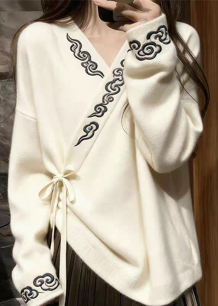 White V Neck Embroidered Lace Up Knit Sweaters Spring