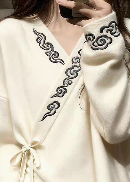White V Neck Embroidered Lace Up Knit Sweaters Spring