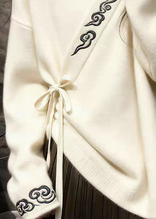 White V Neck Embroidered Lace Up Knit Sweaters Spring
