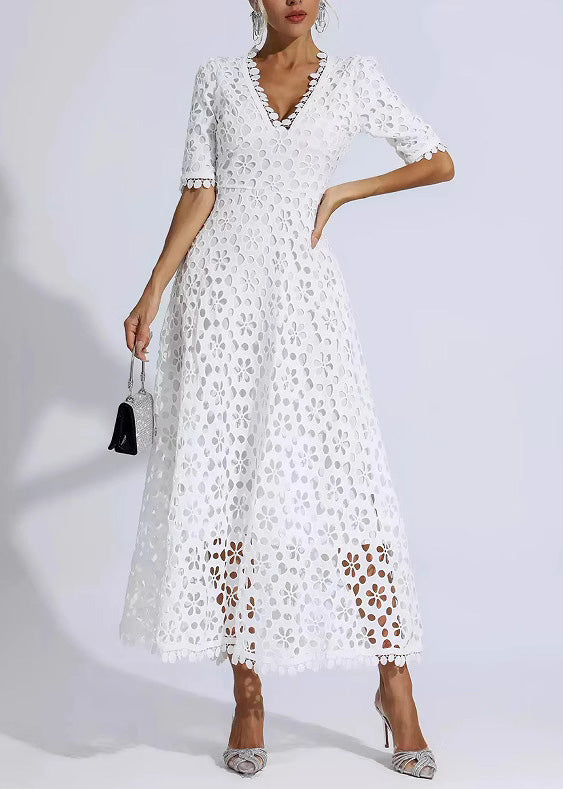 White V Neck Hollow Out Lace Dress Summer