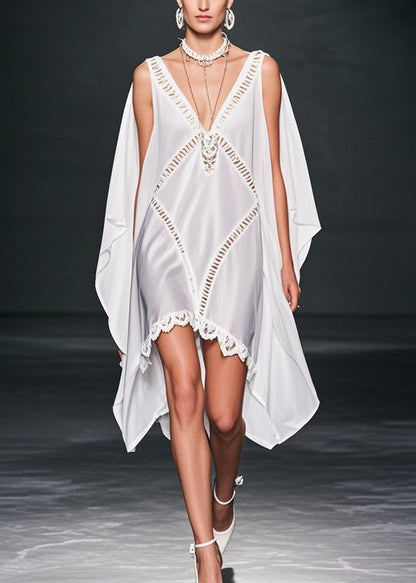 White V Neck Hollow Out Low High Design Chiffon Dresses Summer
