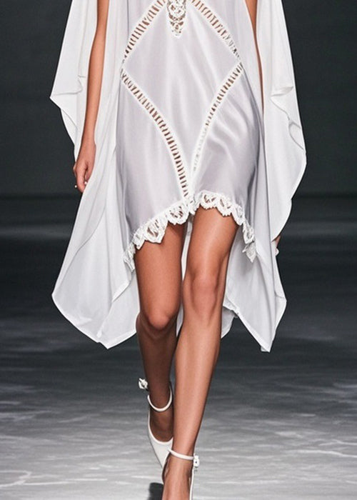 White V Neck Hollow Out Low High Design Chiffon Dresses Summer