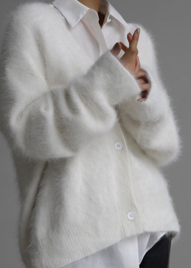 White V Neck Mink Hair Knitted Cardigan Fall