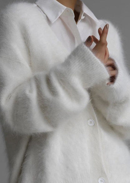 White V Neck Mink Hair Knitted Cardigan Fall