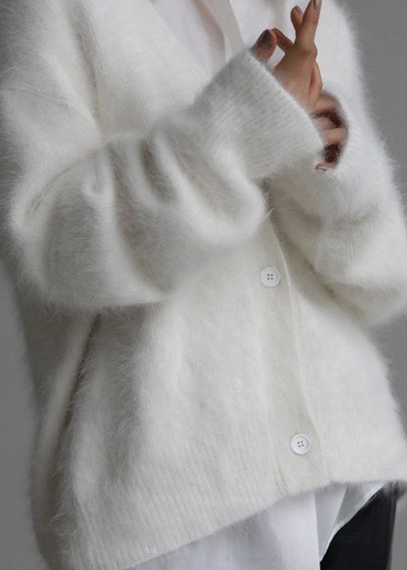 White V Neck Mink Hair Knitted Cardigan Fall