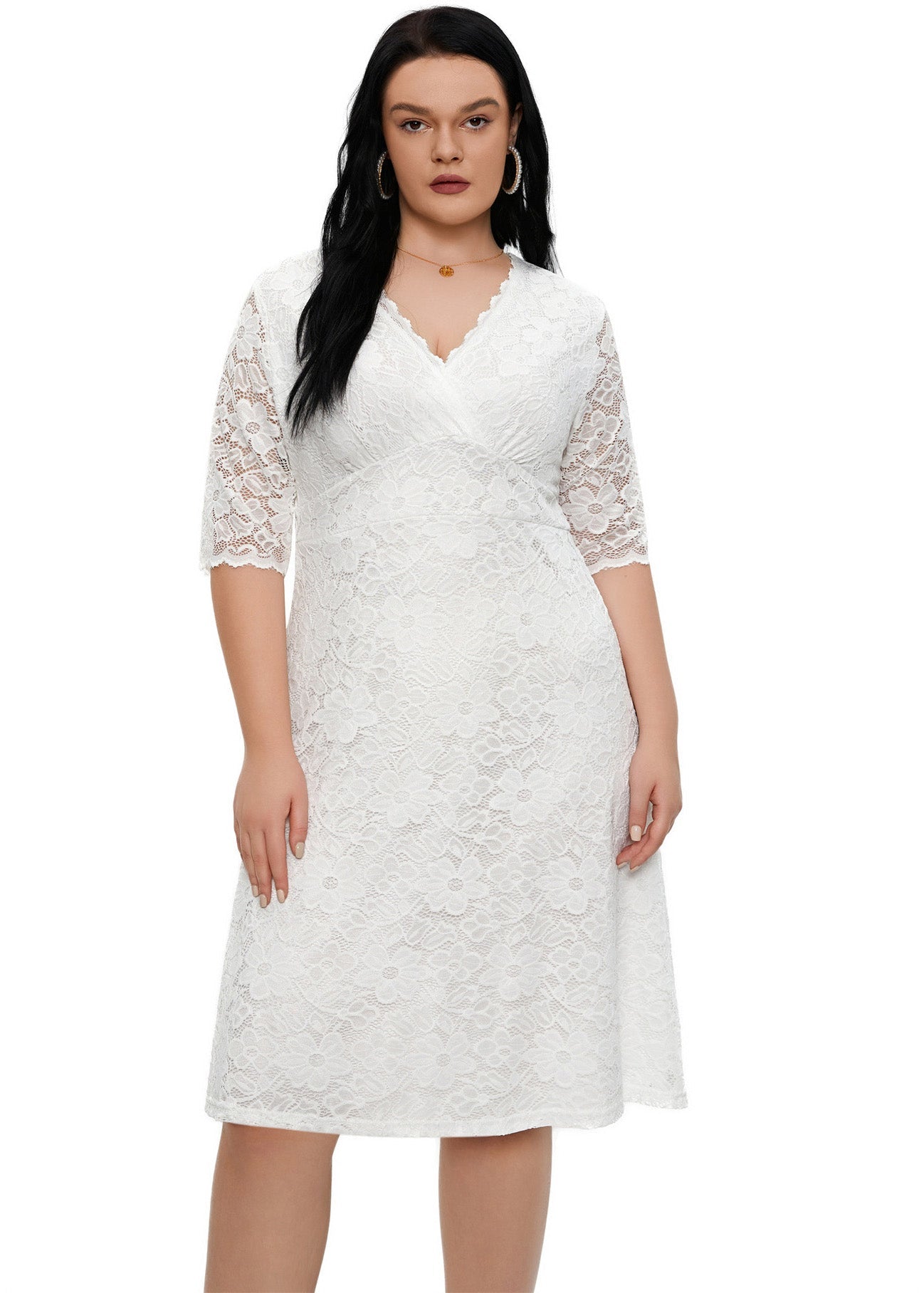 White V Neck Patchwork Lace Mid Dresses Short Sleeve