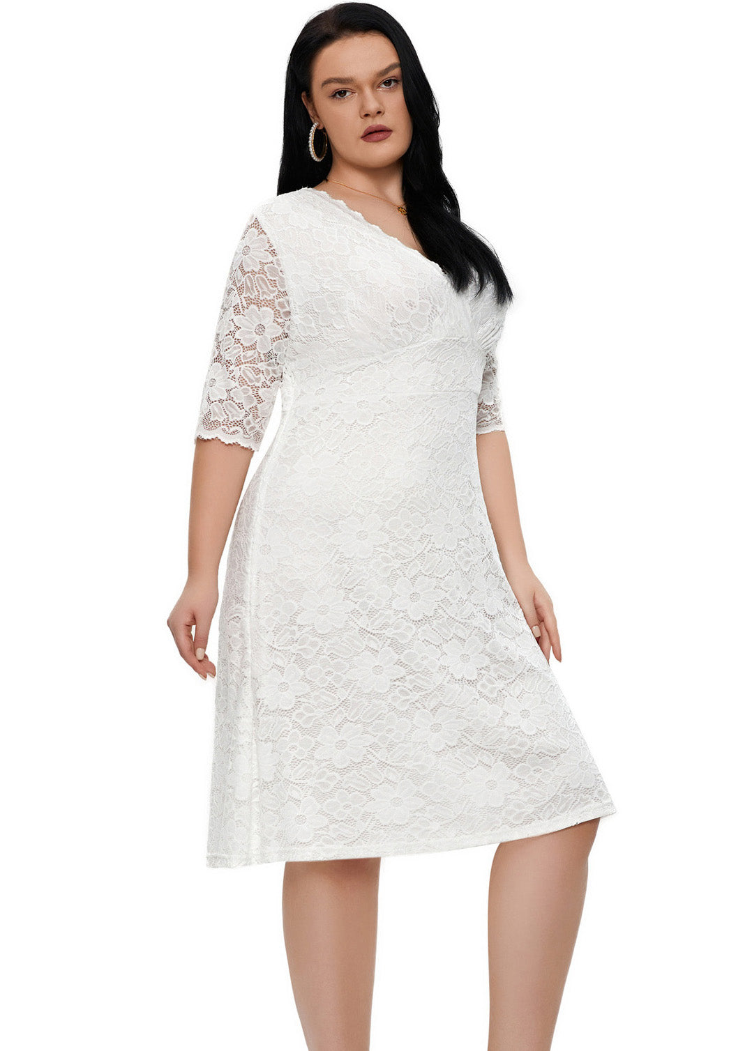 White V Neck Patchwork Lace Mid Dresses Short Sleeve
