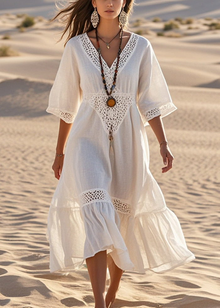 White V Neck Patchwork Lace Robe Dresses Summer