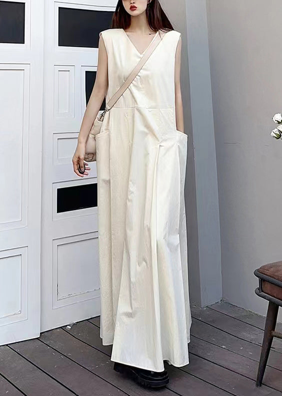 White V Neck Pockets Patchwork Cotton Maxi Dresses Sleeveless