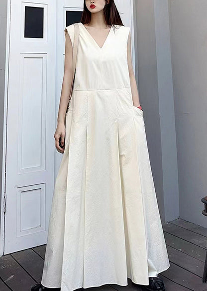White V Neck Pockets Patchwork Cotton Maxi Dresses Sleeveless