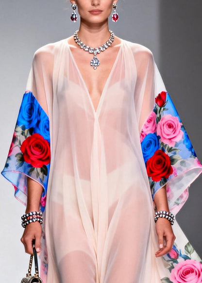 White V Neck Print Chiffon Beach Dress Summer