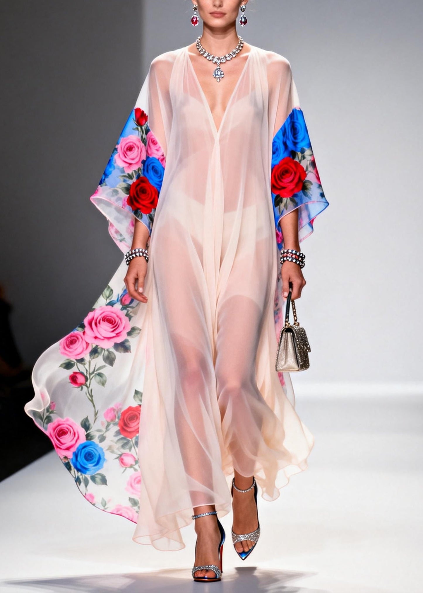 White V Neck Print Chiffon Beach Dress Summer