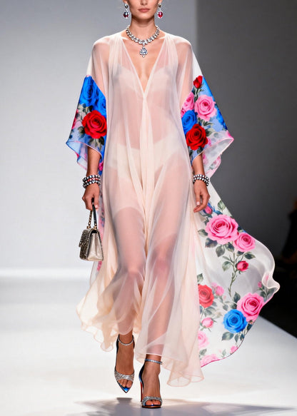 White V Neck Print Chiffon Beach Dress Summer