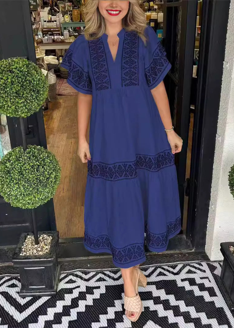 White V Neck Print Cotton Long Dresses Summer