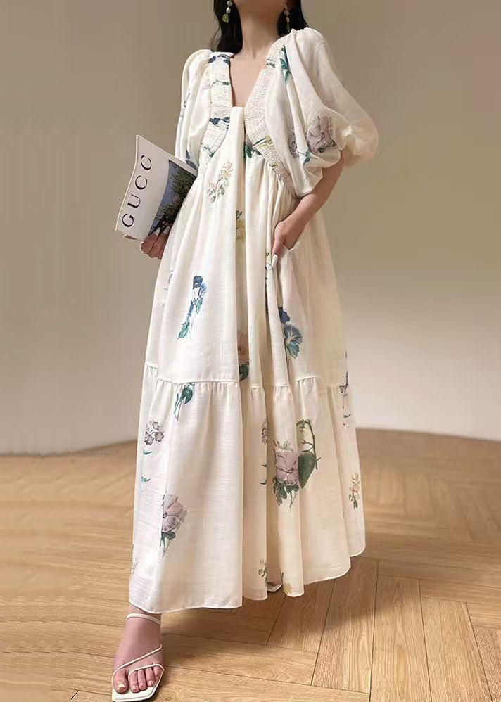 White V Neck Print Lace Up Cotton Dress Lantern Sleeve