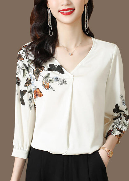 White V Neck Print Silk Top Long Sleeve