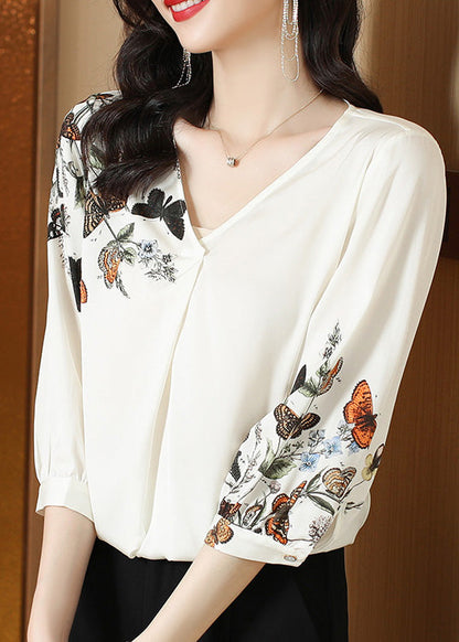 White V Neck Print Silk Top Long Sleeve
