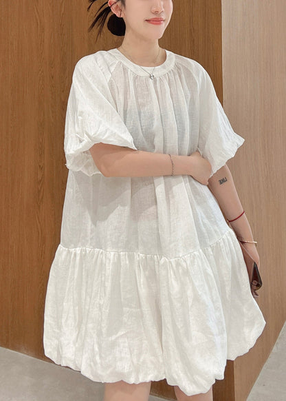 White Wrinkled Linen Mid Dress Puff Sleeve