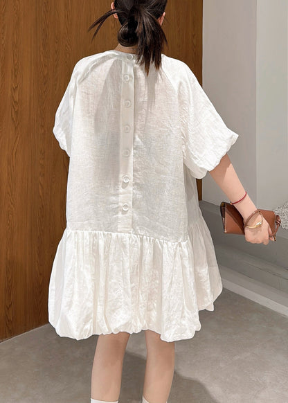 White Wrinkled Linen Mid Dress Puff Sleeve