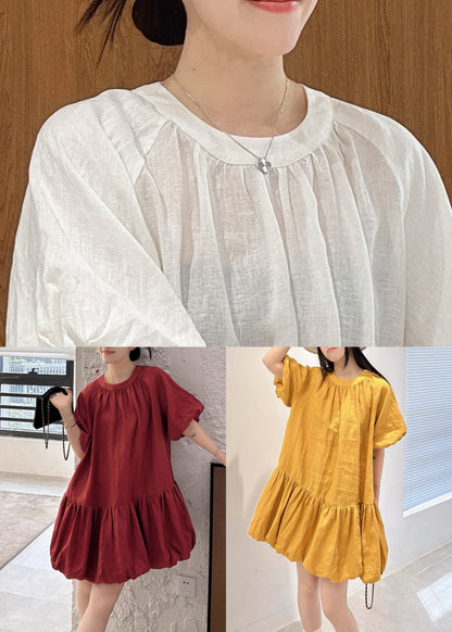 White Wrinkled Linen Mid Dress Puff Sleeve