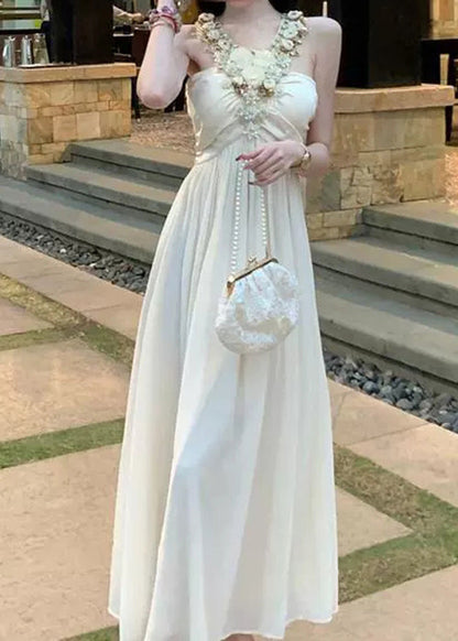 White Zircon Wrinkled Patchwork Cotton Long Dress Sleeveless