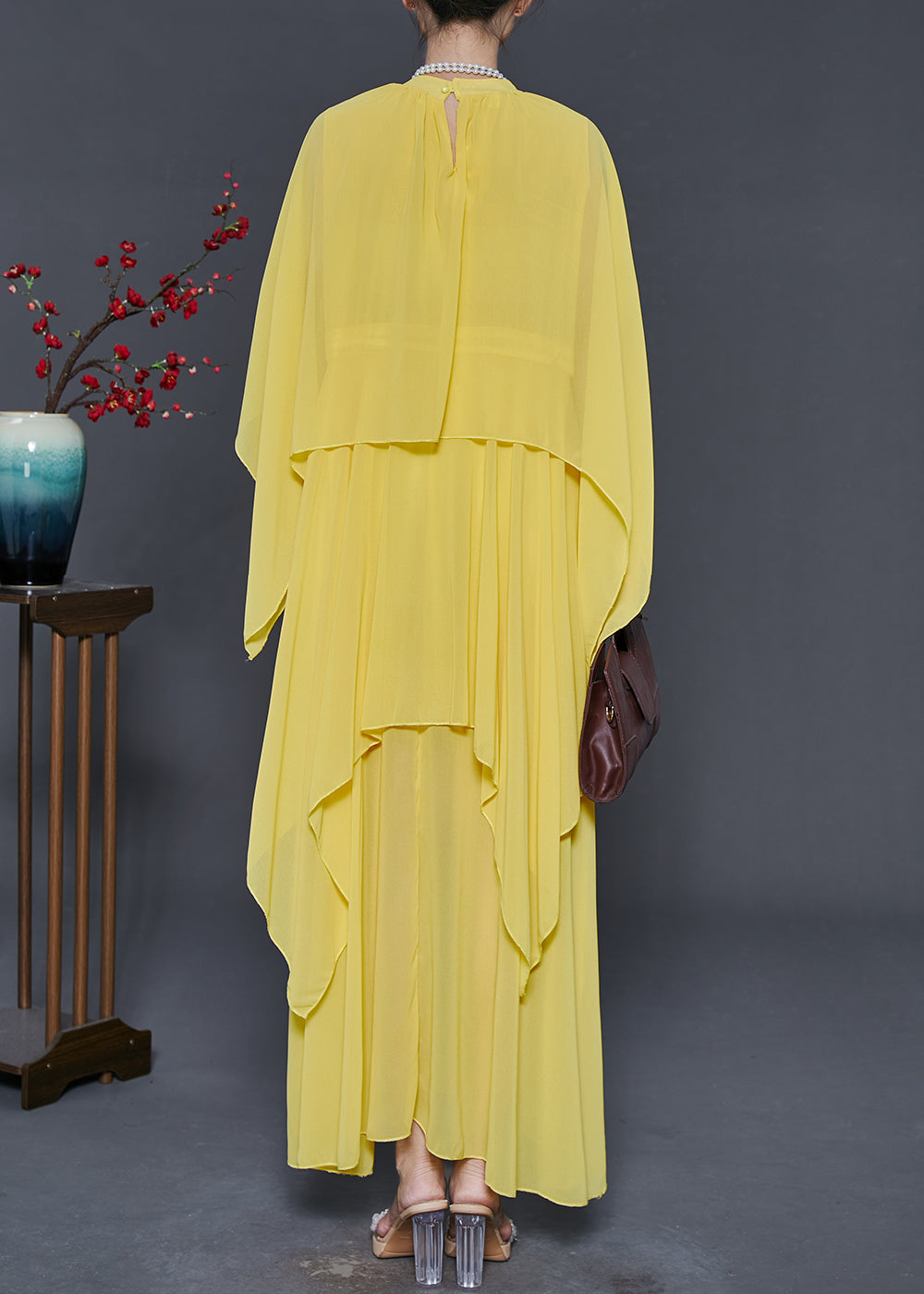 Yellow Chiffon Long Dresses Asymmetrical Design Summer