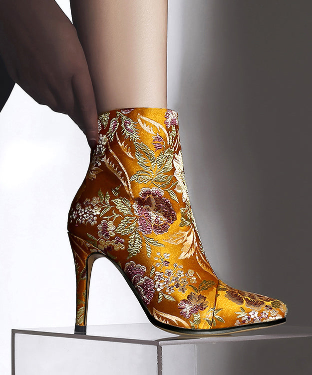 Yellow Embroidered Zippered Silk Velour High Heel Ankle Boots